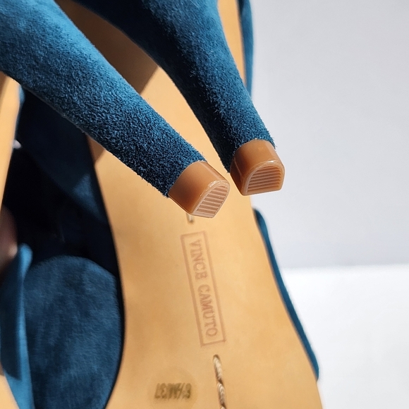 NWOT Vince Camuto 6.5M Kalentie Teal Suede Open Toe Sandals 3.5" Stiletto Heel - Picture 12 of 12